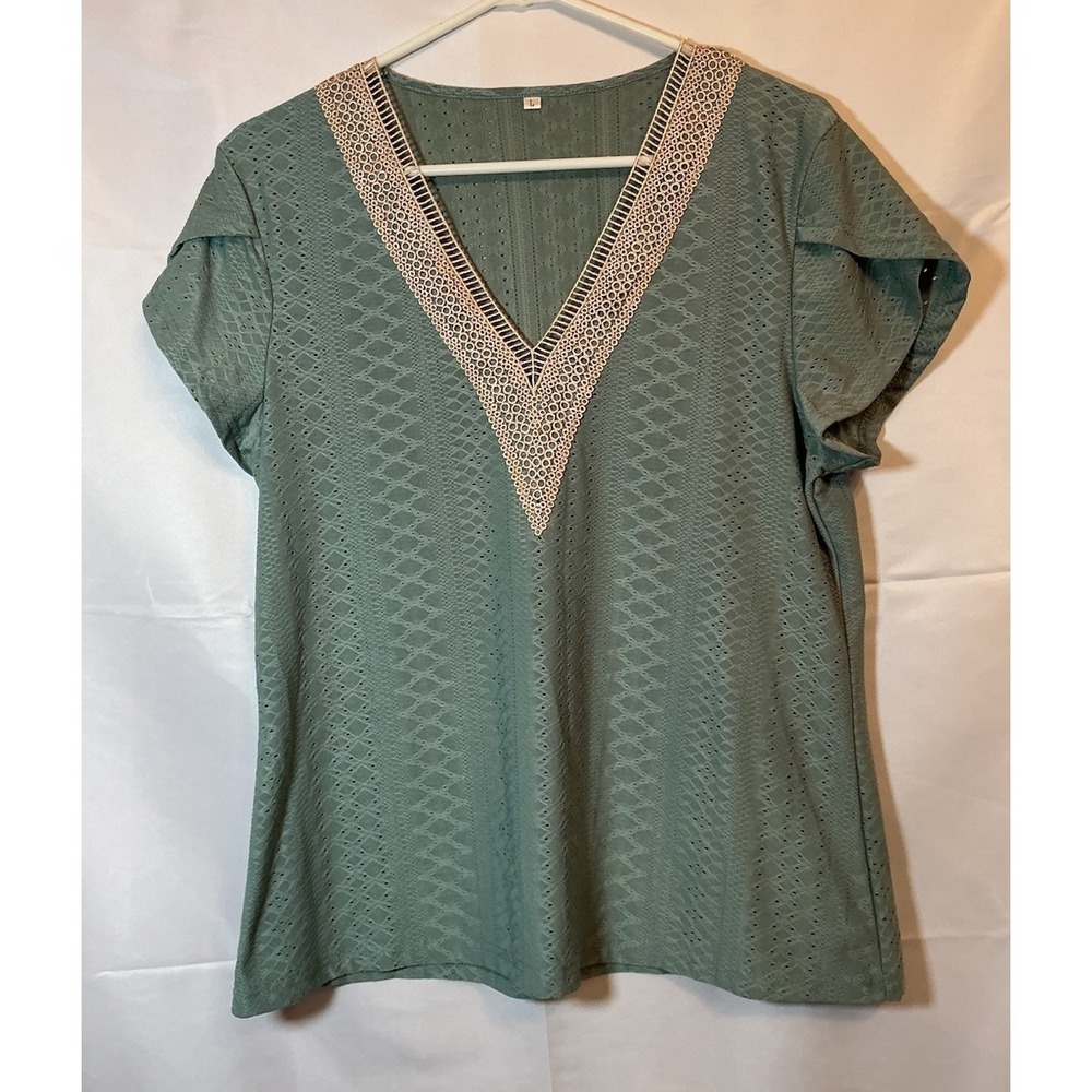 Womens Sea Foam Green Eyelet V Neck Short Sleeve Blouse Top Shirt Stretch Size L